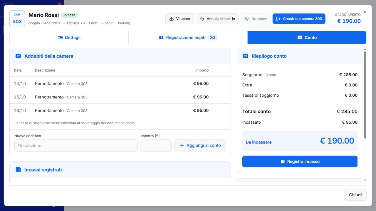 Conto di un soggiorno in SolvioPMS con addebiti, incassi registrati e saldo da ricevere.
